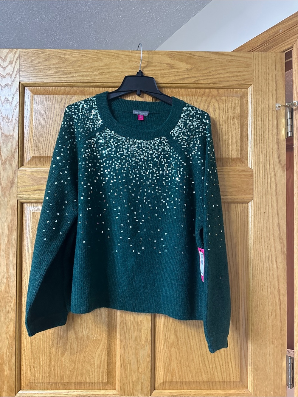 Vince Camuto Emerald Green Sequin-Embellished Crewneck Sweater